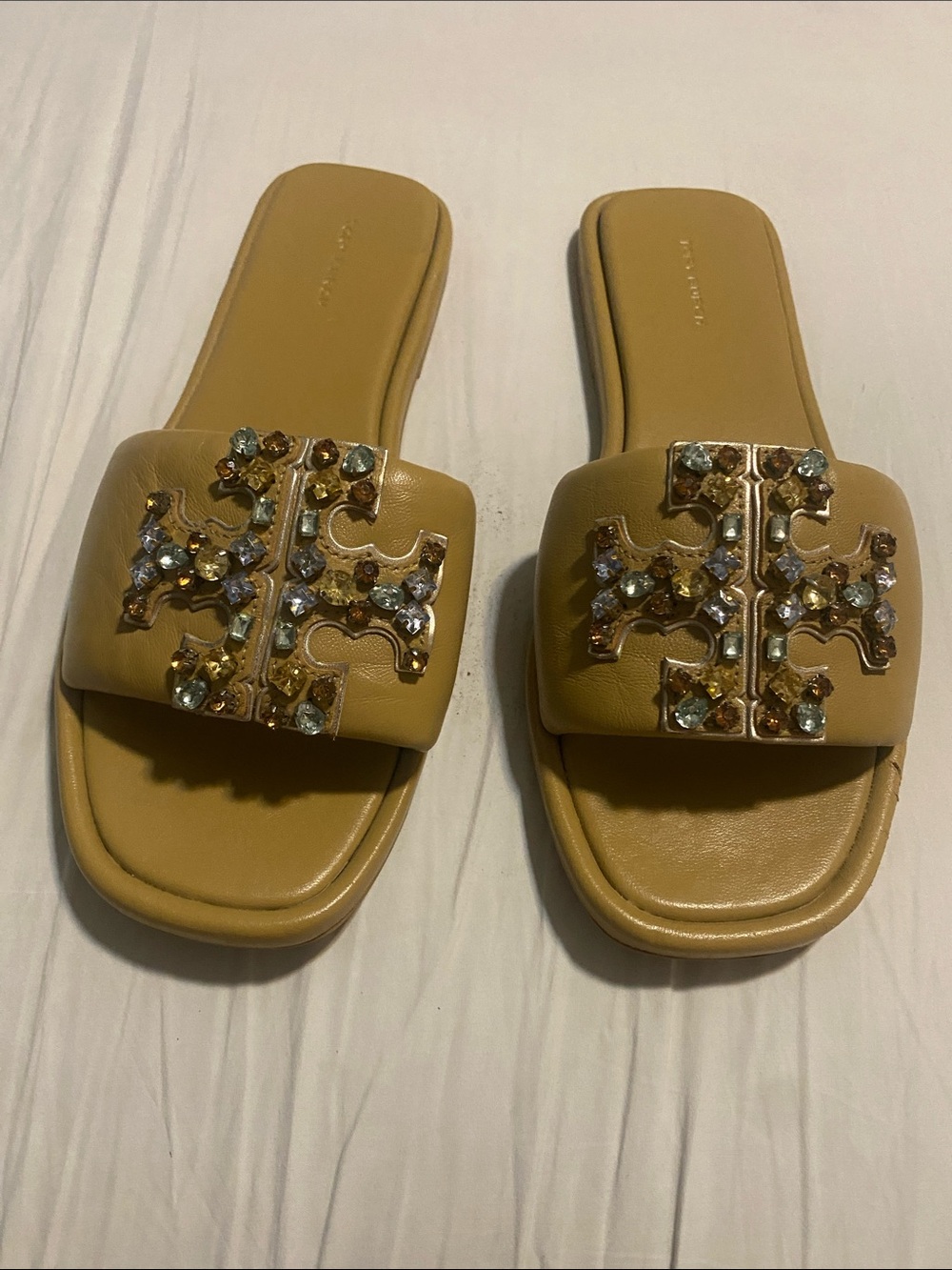 Tory Burch Crystal T Tan Slide Sandals - Womens